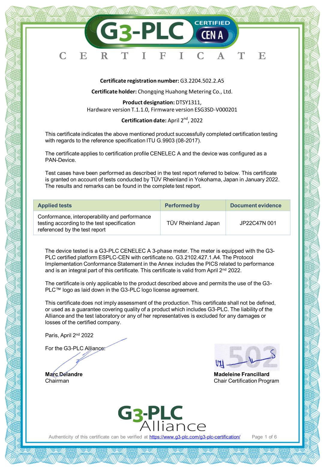 G3-PLC Certificate CEN A DTSY1311